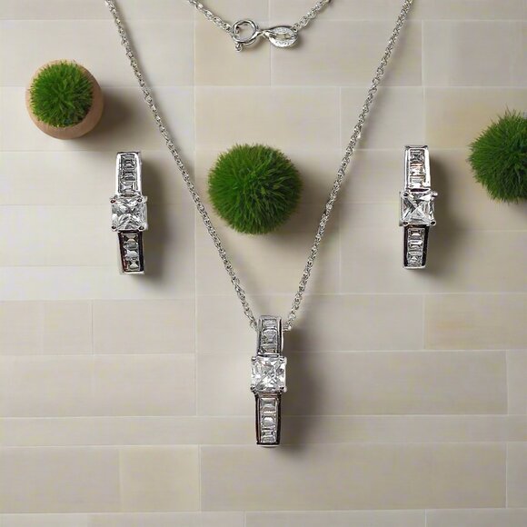 Sterling Silver CZ Bar Design Pendant Necklace & Earrings set - Picture 7 of 9